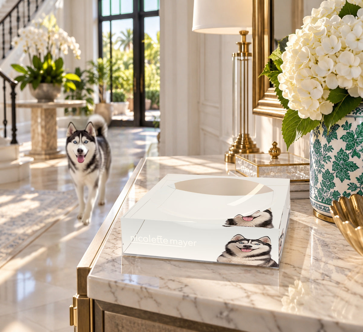 Husky Dog Acrylic Candy Catchall Dish, on an entry console, by Nicolette Mayer