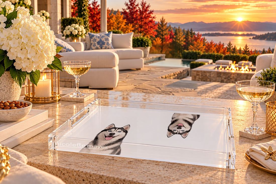 Husky Dog Acrylic Rectangle Tray, on a patio table, by Nicolette Mayer