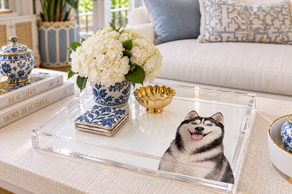 Husky Dog Acrylic Decorative Tray, on a coffee table, by Nicolette Mayer