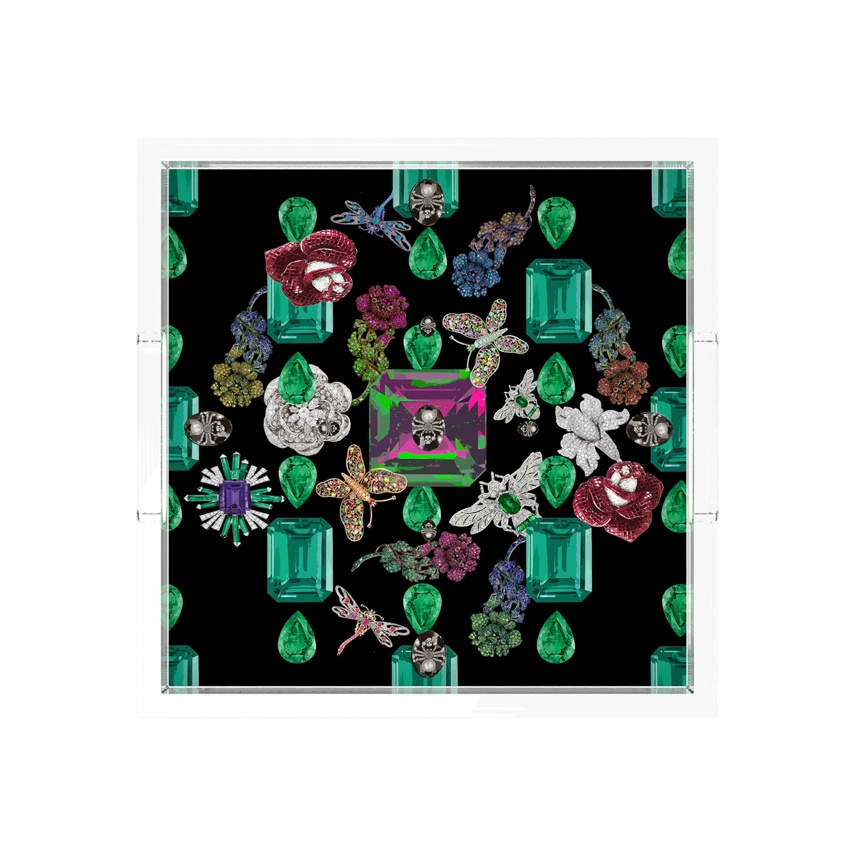 Jewel Box Emeralds Black Acrylic Decorative Tray, overhead, by Nicolette Mayer