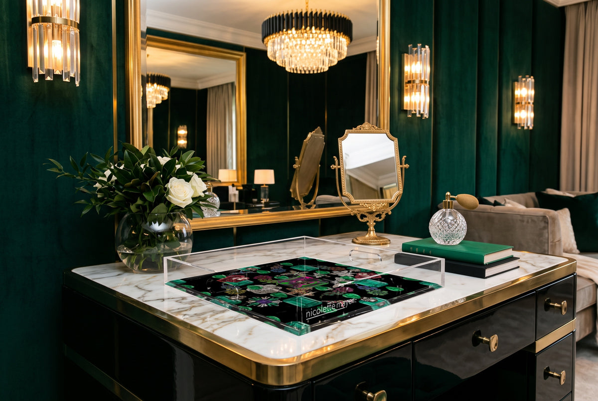 Jewel Box Emeralds Black Acrylic Decorative Tray, on a dressing room vanity, by Nicolette Mayer
