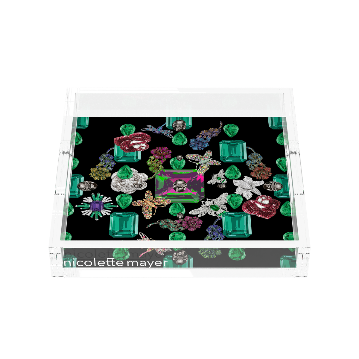 Jewel Box Emeralds Black Acrylic Decorative Tray, front, by Nicolette Mayer