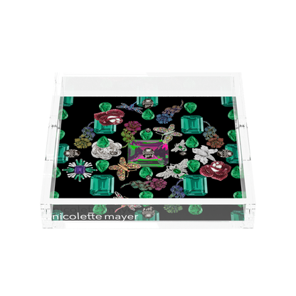 Jewel Box Emeralds Black Acrylic Decorative Tray, front, by Nicolette Mayer