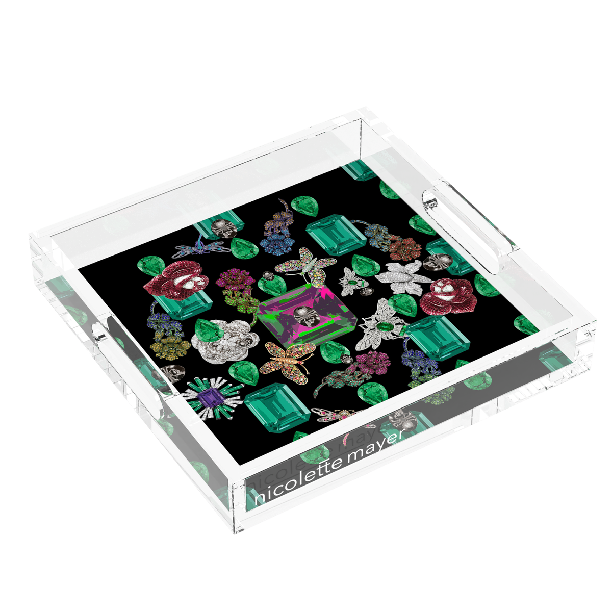 Jewel Box Emeralds Black Acrylic Decorative Tray, left three-quarter, by Nicolette Mayer