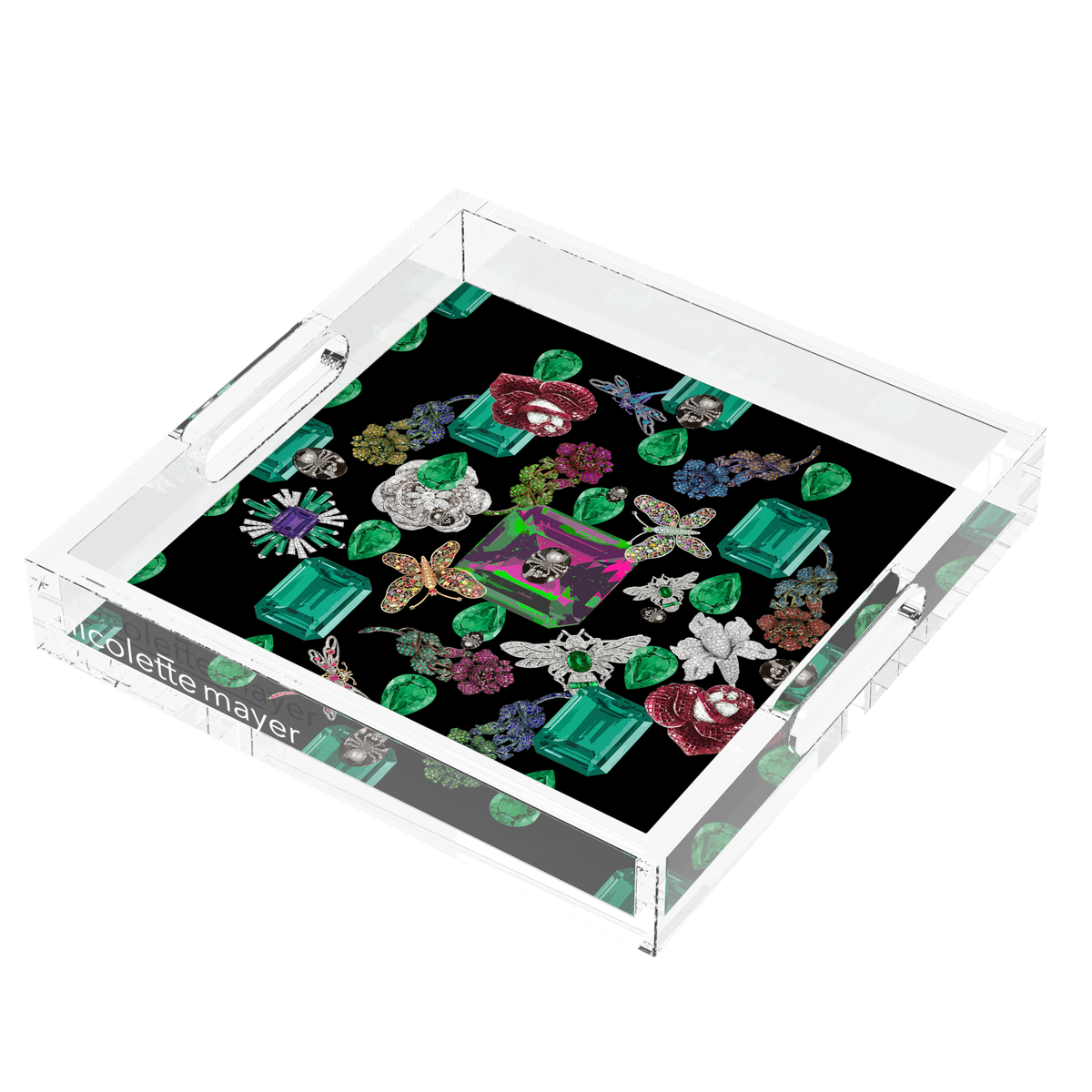 Jewel Box Emeralds Black Acrylic Decorative Tray, right three-quarter, by Nicolette Mayer