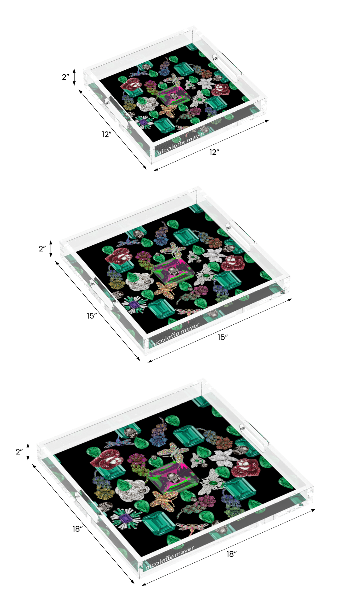 Jewel Box Emeralds Black Acrylic Decorative Tray, all three sizes, by Nicolette Mayer