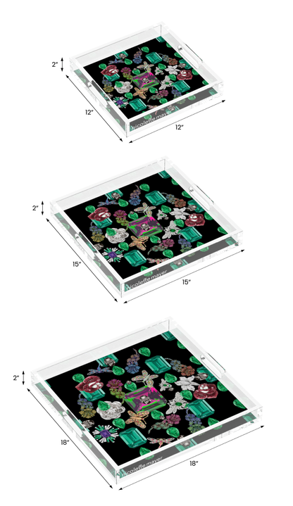 Jewel Box Emeralds Black Acrylic Decorative Tray, all three sizes, by Nicolette Mayer