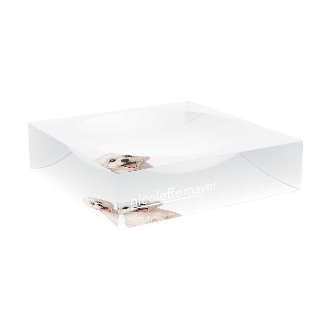 Maltese Dog Acrylic Candy Catchall Dish, large dish at an angle, by Nicolette Mayer