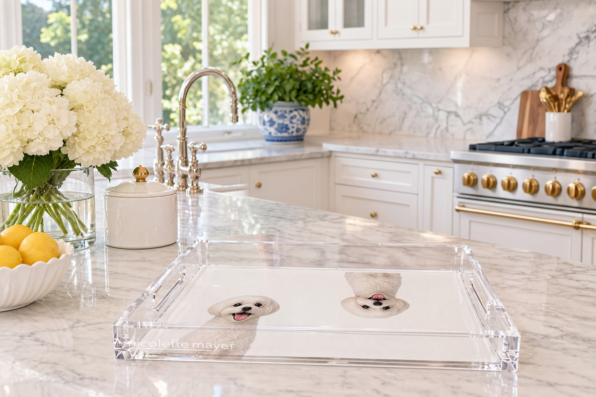 Maltese Dog Acrylic Rectangle Tray, on a kitchen island, by Nicolette Mayer