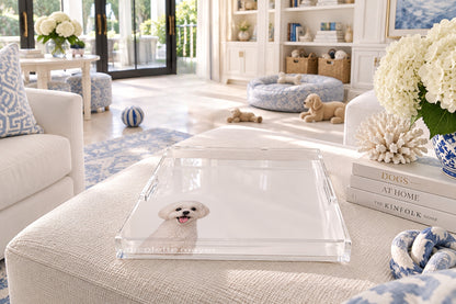 Maltese Dog Acrylic Decorative Tray, on an ottoman, by Nicolette Mayer