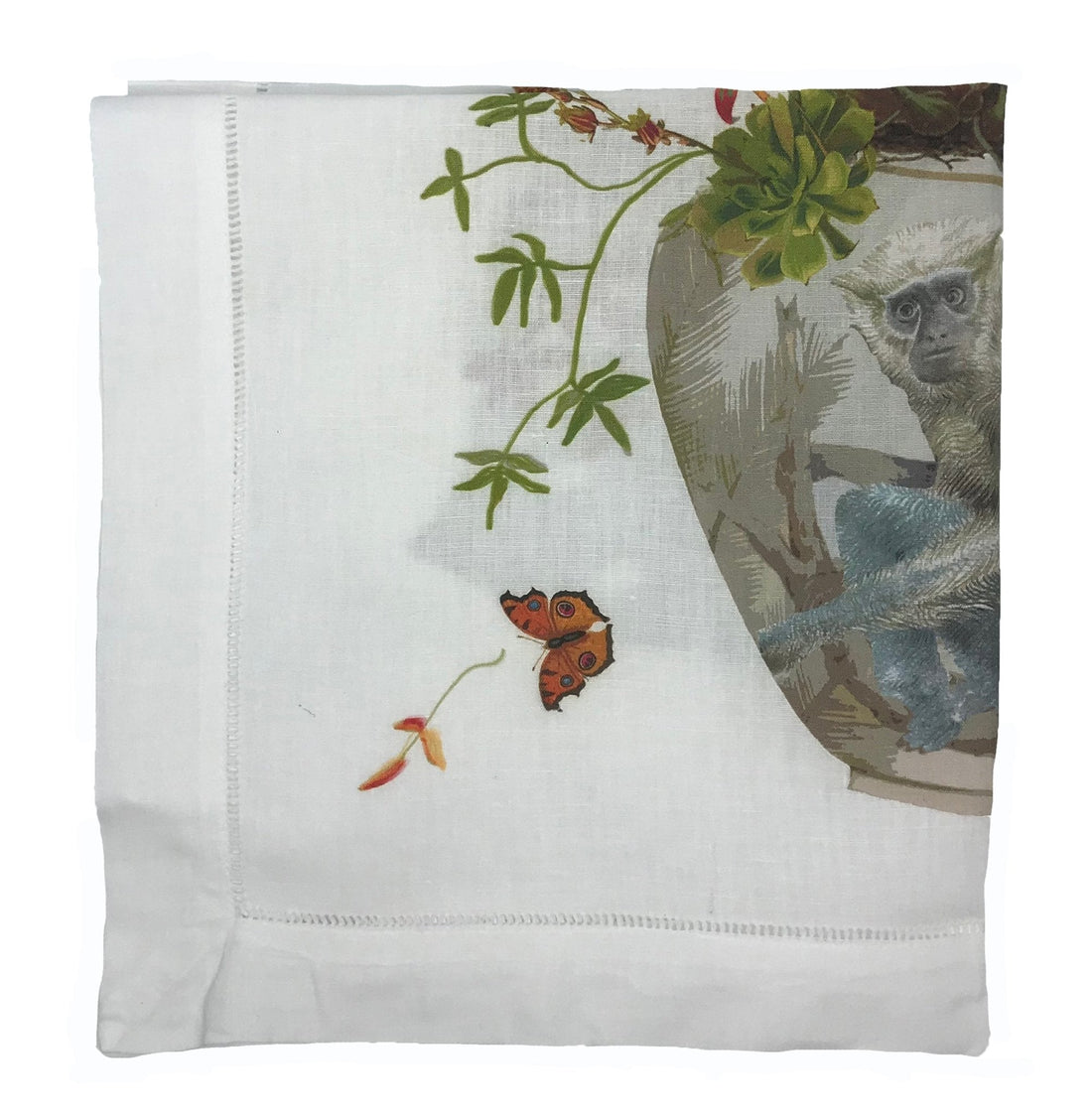Monkey Jungle White 22&quot;X22&quot; Hemstitch Dinner Table Napkins - nicolettemayer.com