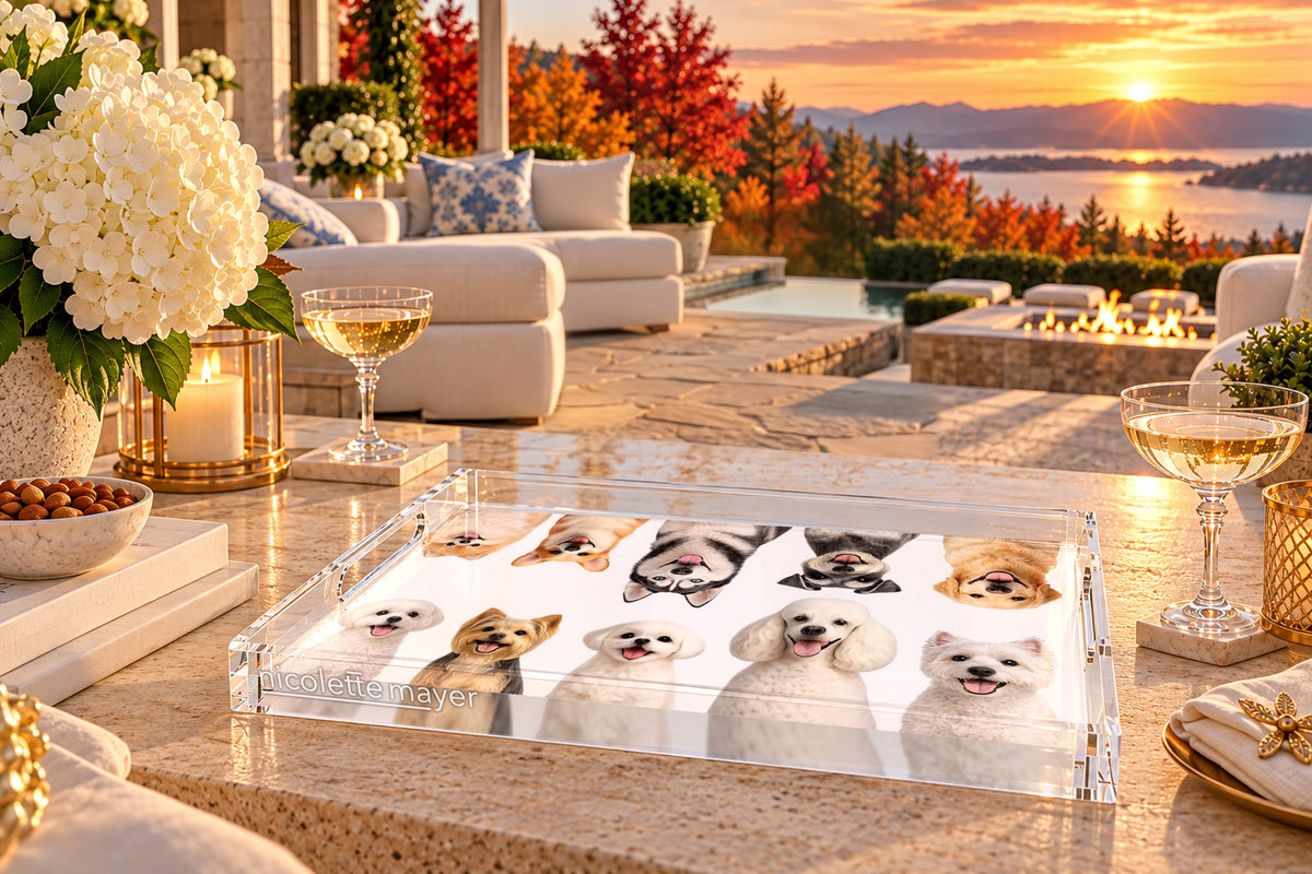 Must Love Dogs One Acrylic Rectangle Tray, on a patio table, by Nicolette Mayer