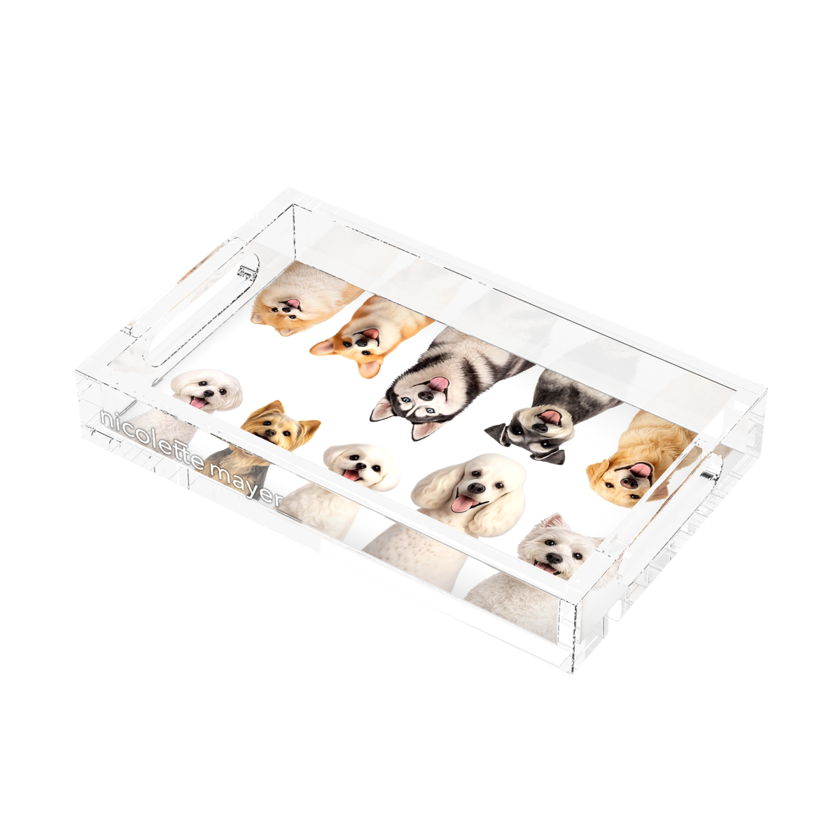 Must Love Dogs One Acrylic Rectangle Tray, right side view, by Nicolette Mayer