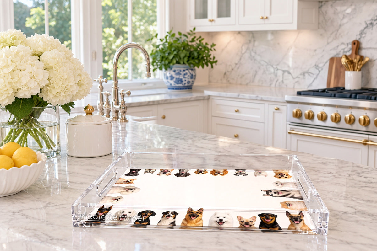 Must Love Dogs Two Acrylic Rectangle Tray, on a kitchen island, by Nicolette Mayer
