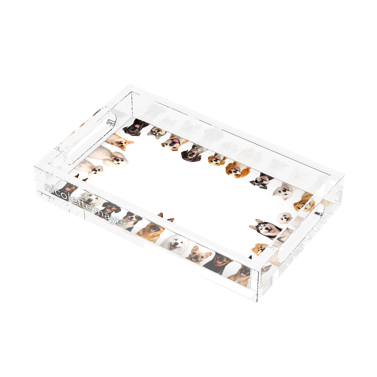 Must Love Dogs Two Acrylic Rectangle Tray, right side view, by Nicolette Mayer