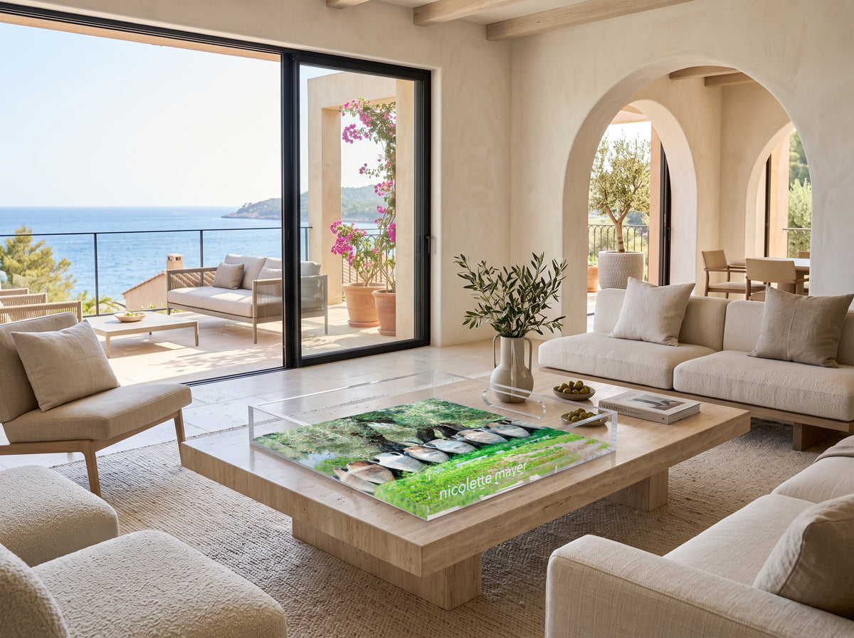 Olive Groves Acrylic Decorative Tray, on a travertine table, by Nicolette Mayer