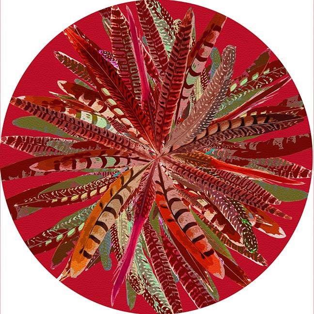 Pheasant Feathers Red 16&quot; Round Pebble Placemat Set of 4 - nicolettemayer.com