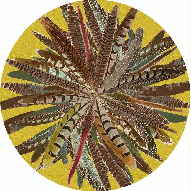 Pheasant Feathers Yellow 16&quot; Round Pebble Placemat Set of 4 - nicolettemayer.com