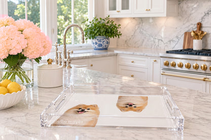 Pomeranian Dog Acrylic Rectangle Tray, on a kitchen island, by Nicolette Mayer