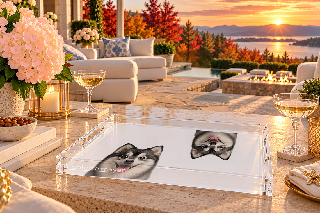 Pomsky Dog Acrylic Rectangle Tray, on a patio table, by Nicolette Mayer