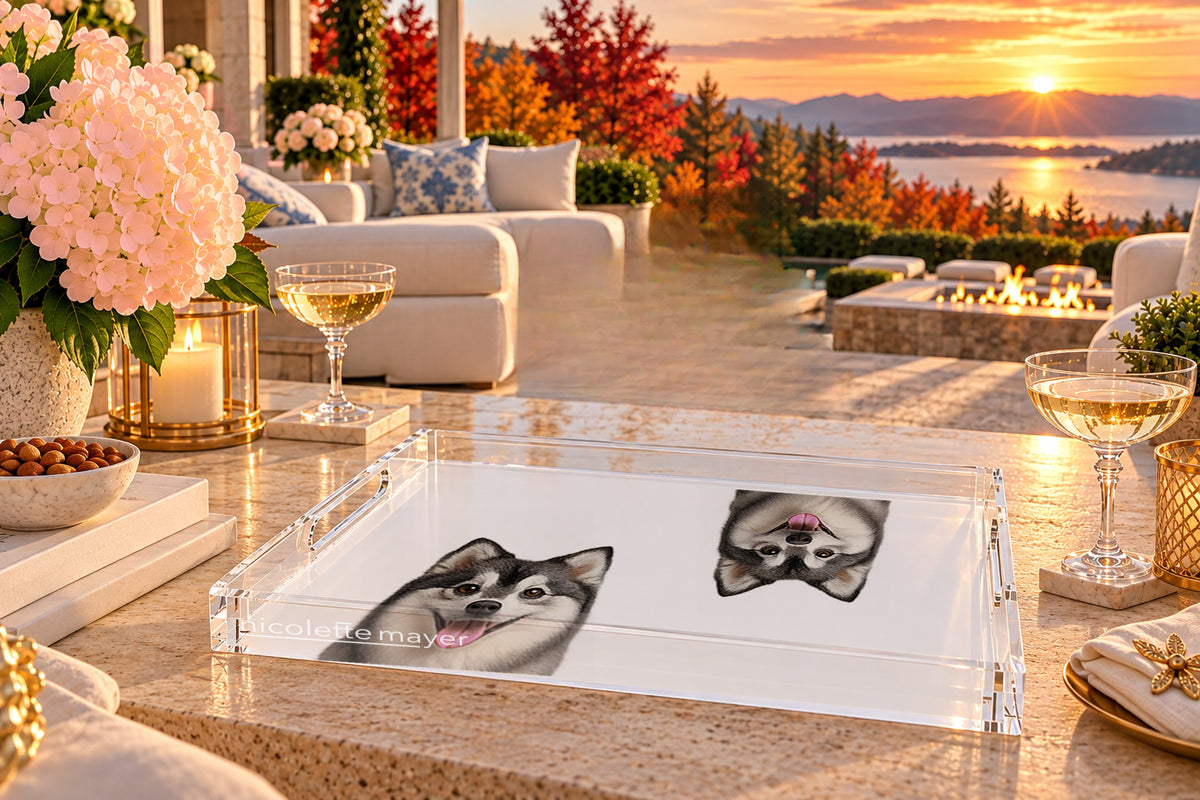 Pomsky Dog Acrylic Rectangle Tray, on a patio table, by Nicolette Mayer