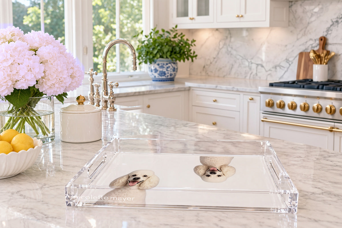 Poodle Dog Acrylic Rectangle Tray, on a kitchen island, by Nicolette Mayer
