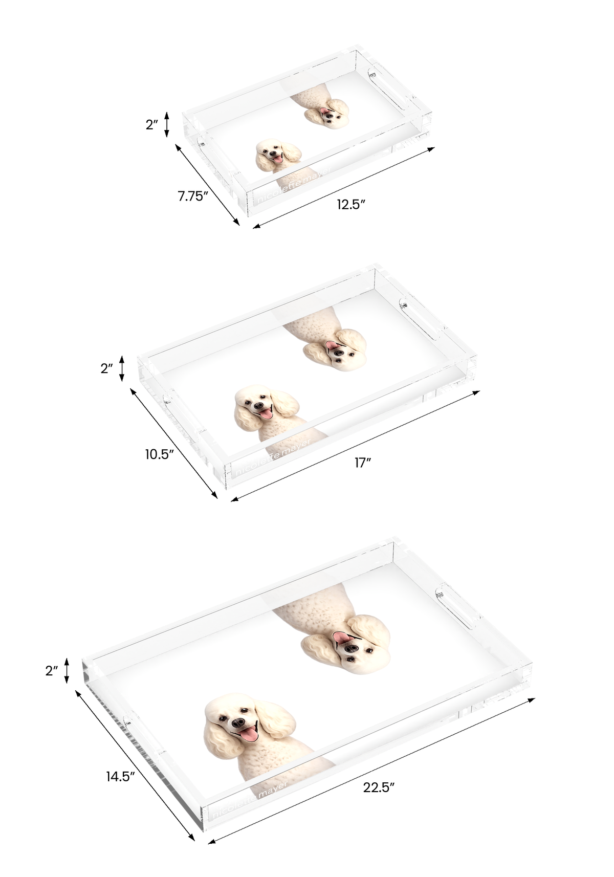 Poodle Dog Acrylic Rectangle Tray, all three sizes, by Nicolette Mayer