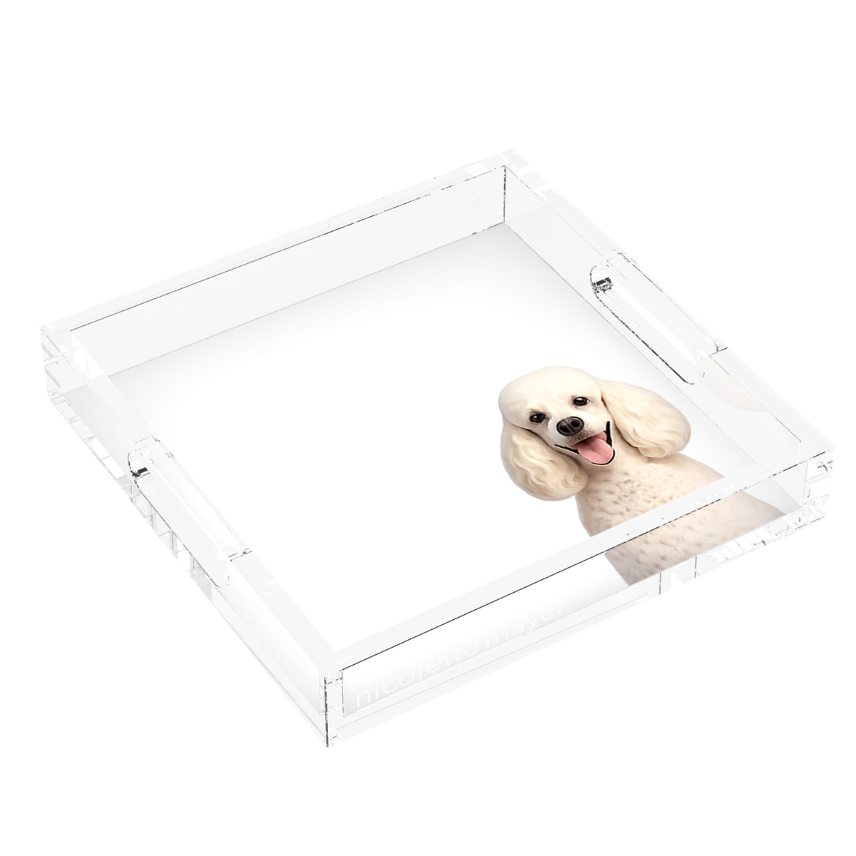 Poodle Dog Acrylic Decorative Tray, left three-quarter, by Nicolette Mayer
