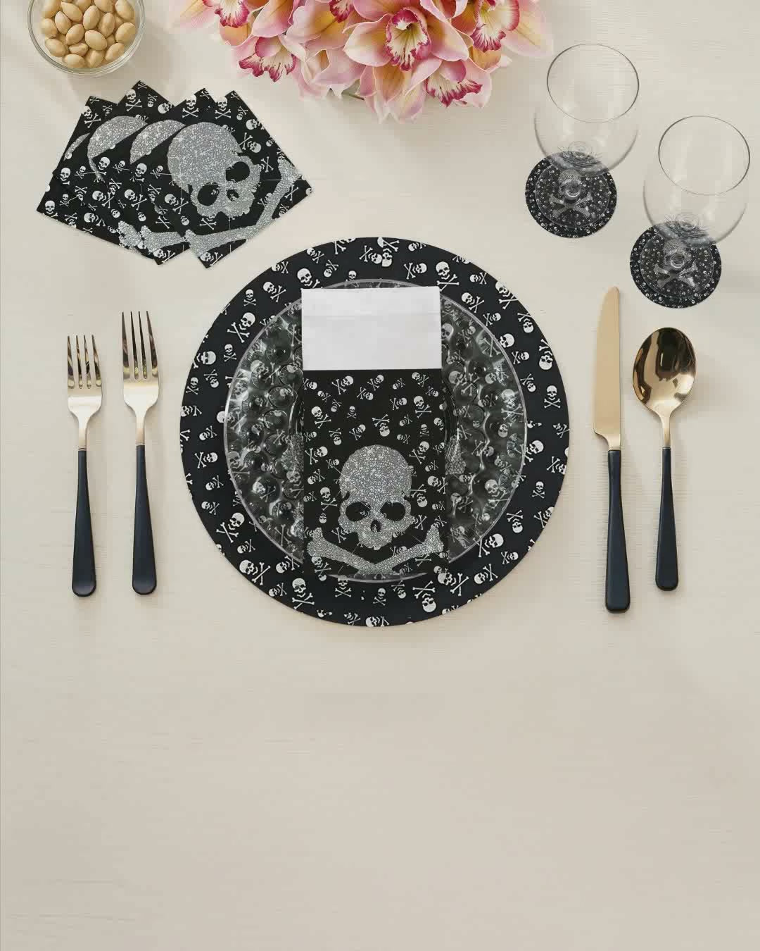 Crossbones Large Black Vegan Leather Pebble Placemat by Nicolette Mayer