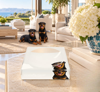 Rottweiler Dog Acrylic Candy Catchall Dish, on a coffee table, by Nicolette Mayer