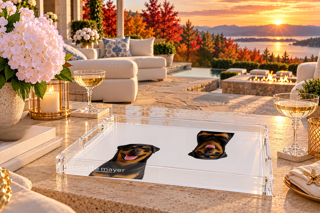 Rottweiler Dog Acrylic Rectangle Tray, on a patio table, by Nicolette Mayer