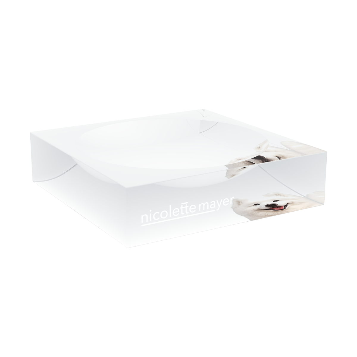 Samoyed Dog Acrylic Candy Catchall Dish, large dish at an angle, by Nicolette Mayer