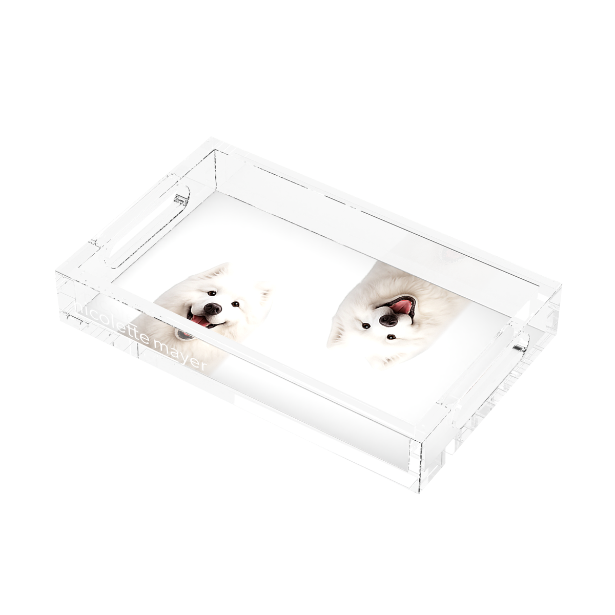 Samoyed Dog Acrylic Rectangle Tray, right three-quarter, by Nicolette Mayer