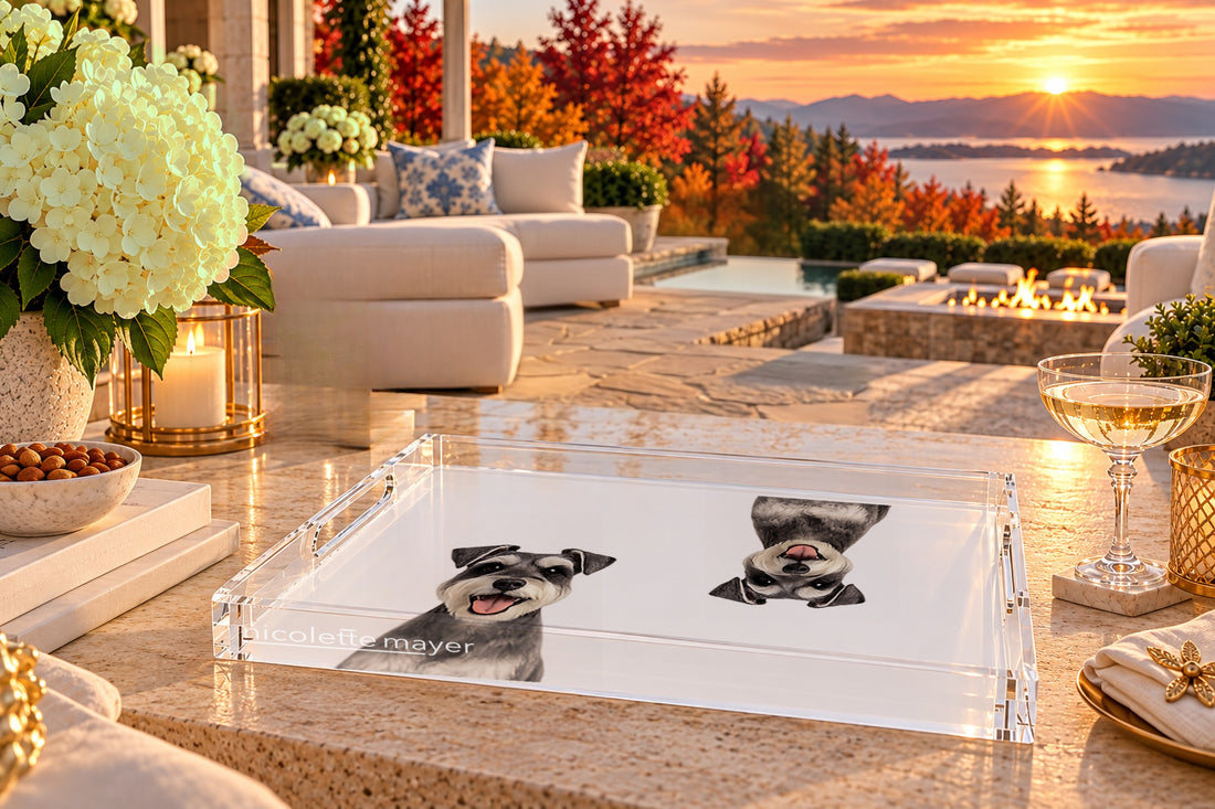 Schnauzer Dog Acrylic Rectangle Tray, on a patio table, by Nicolette Mayer