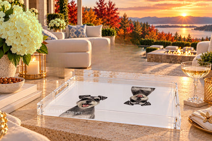 Schnauzer Dog Acrylic Rectangle Tray, on a patio table, by Nicolette Mayer