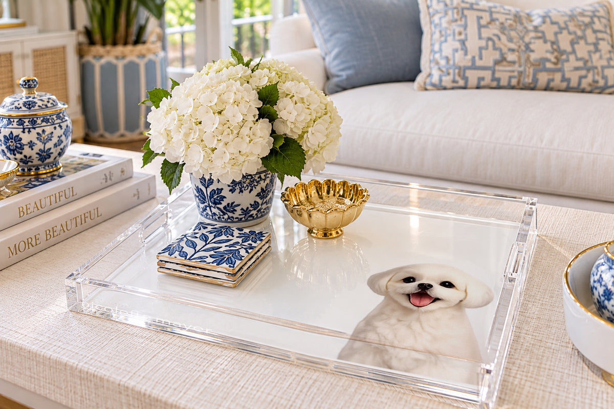 Shih Tzu Dog Acrylic Decorative Tray, on a coffee table, by Nicolette Mayer