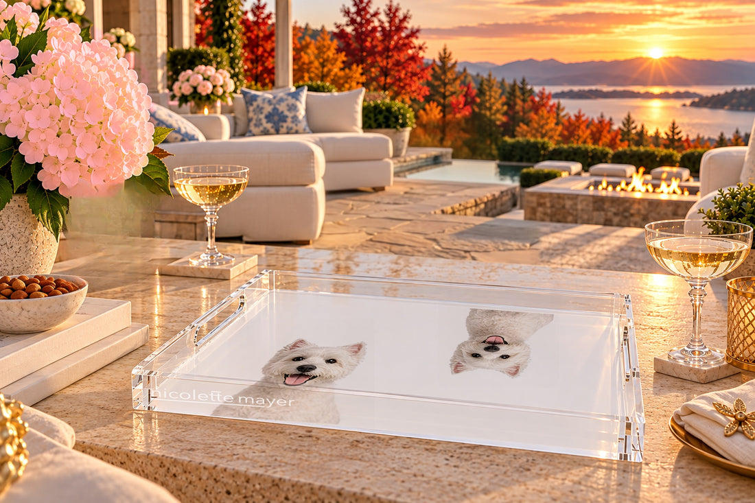 Westie Dog Acrylic Rectangle Tray, on a patio table, by Nicolette Mayer
