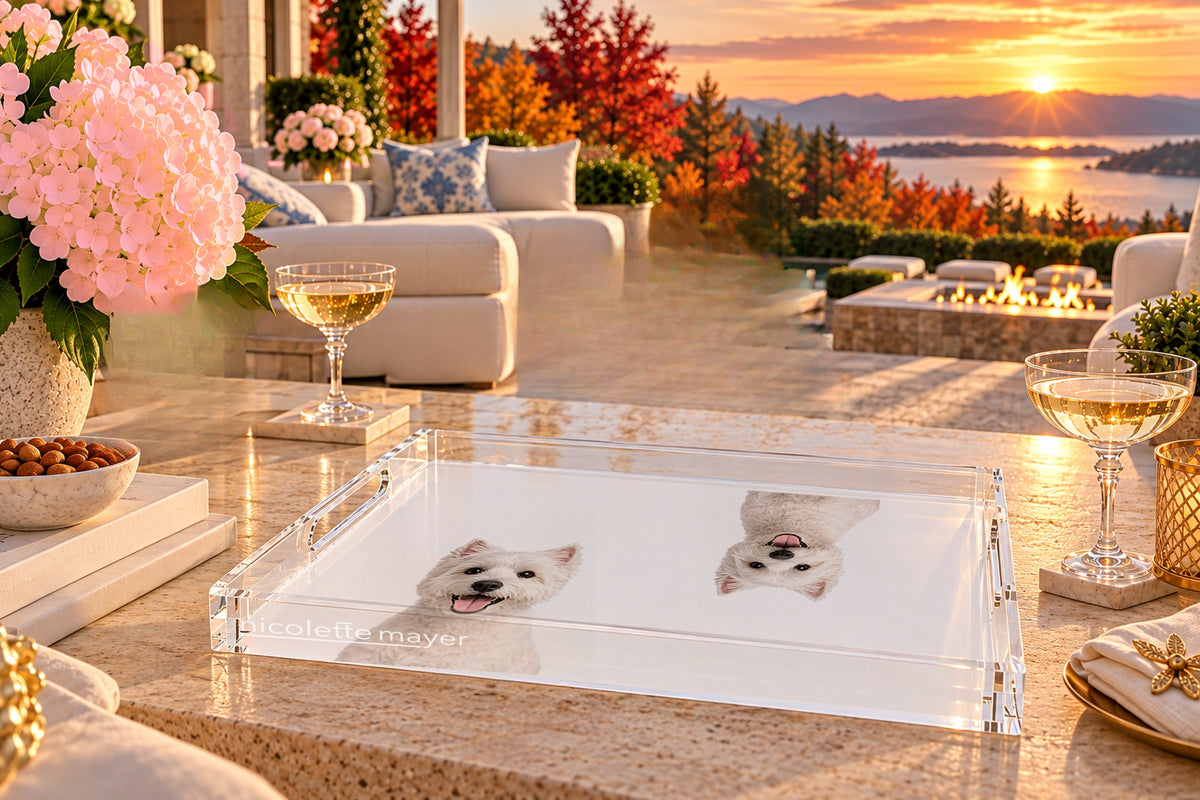 Westie Dog Acrylic Rectangle Tray, on a patio table, by Nicolette Mayer