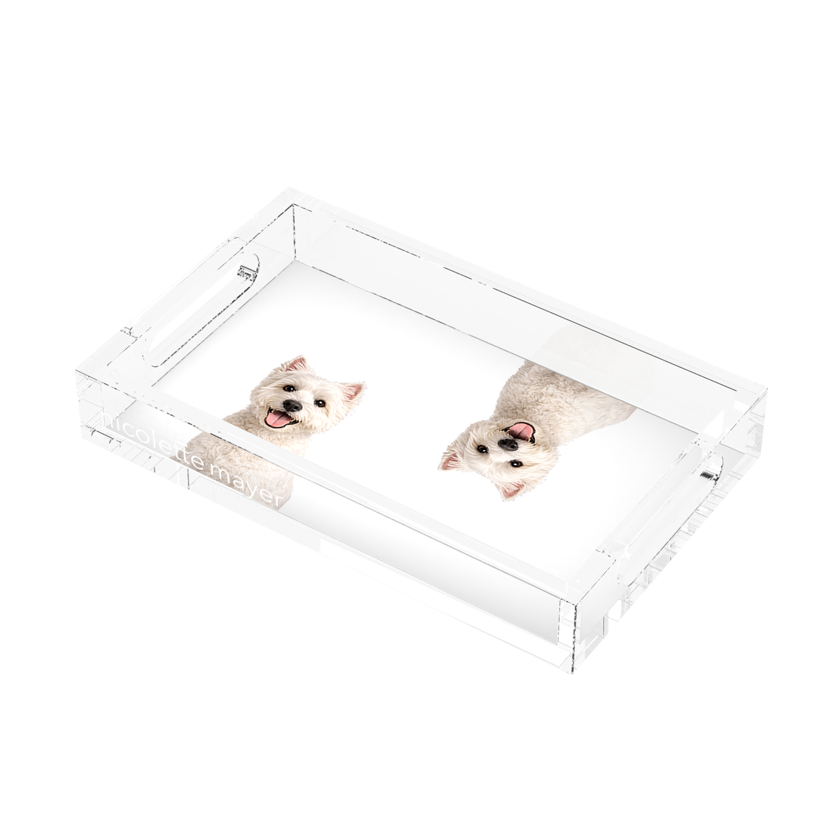 Westie Dog Acrylic Rectangle Tray, right three-quarter, by Nicolette Mayer