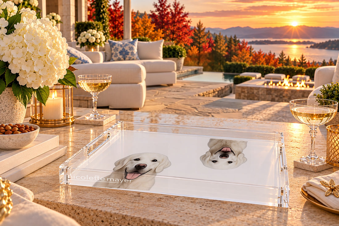 White Lab Dog Acrylic Rectangle Tray, on a patio table, by Nicolette Mayer
