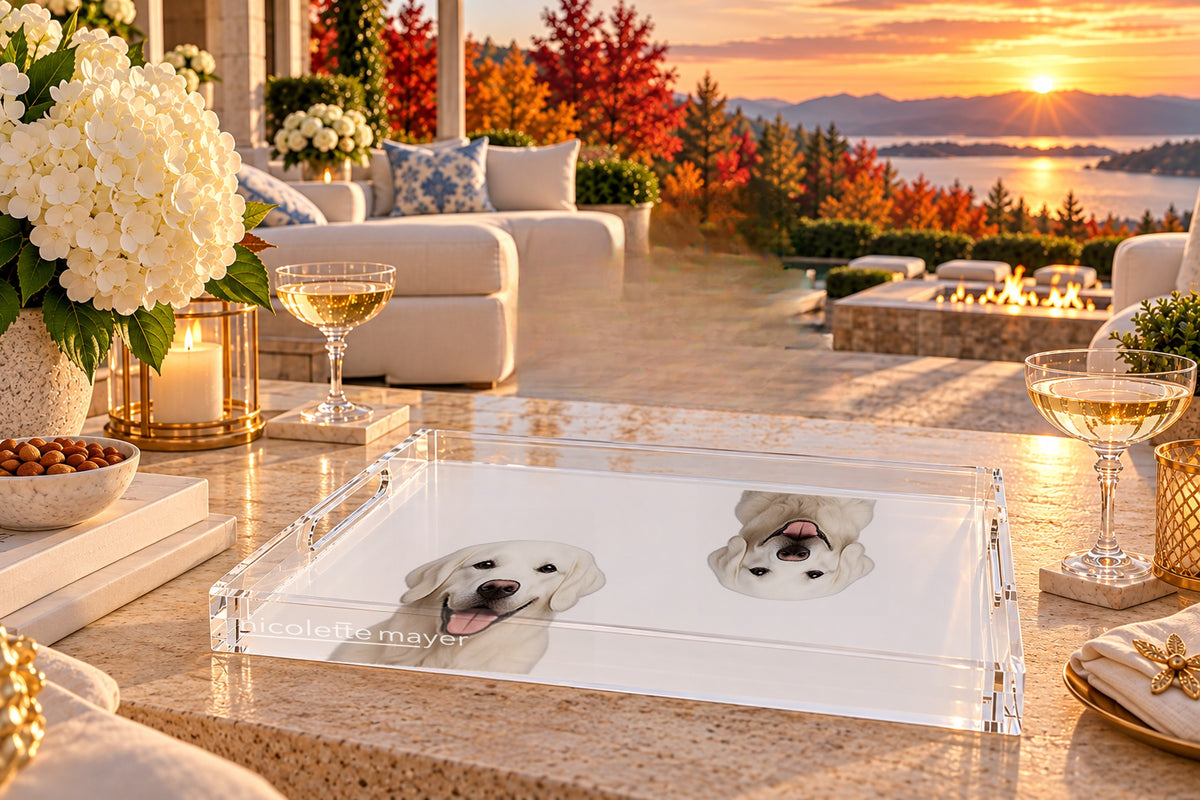 White Lab Dog Acrylic Rectangle Tray, on a patio table, by Nicolette Mayer