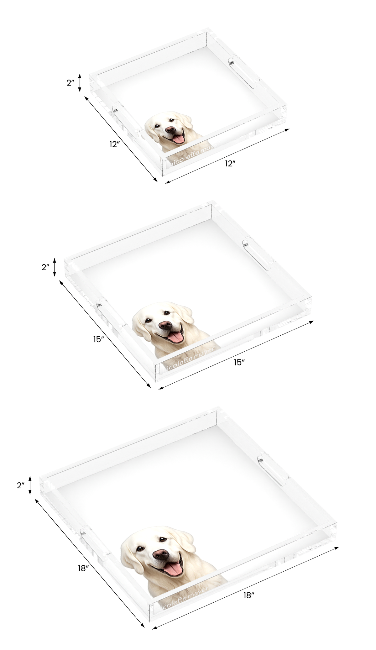 White Lab Dog Acrylic Decorative Tray, all three sizes, by Nicolette Mayer