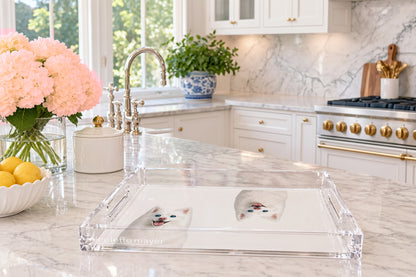 White Pomsky Dog Acrylic Rectangle Tray, on a kitchen island, by Nicolette Mayer