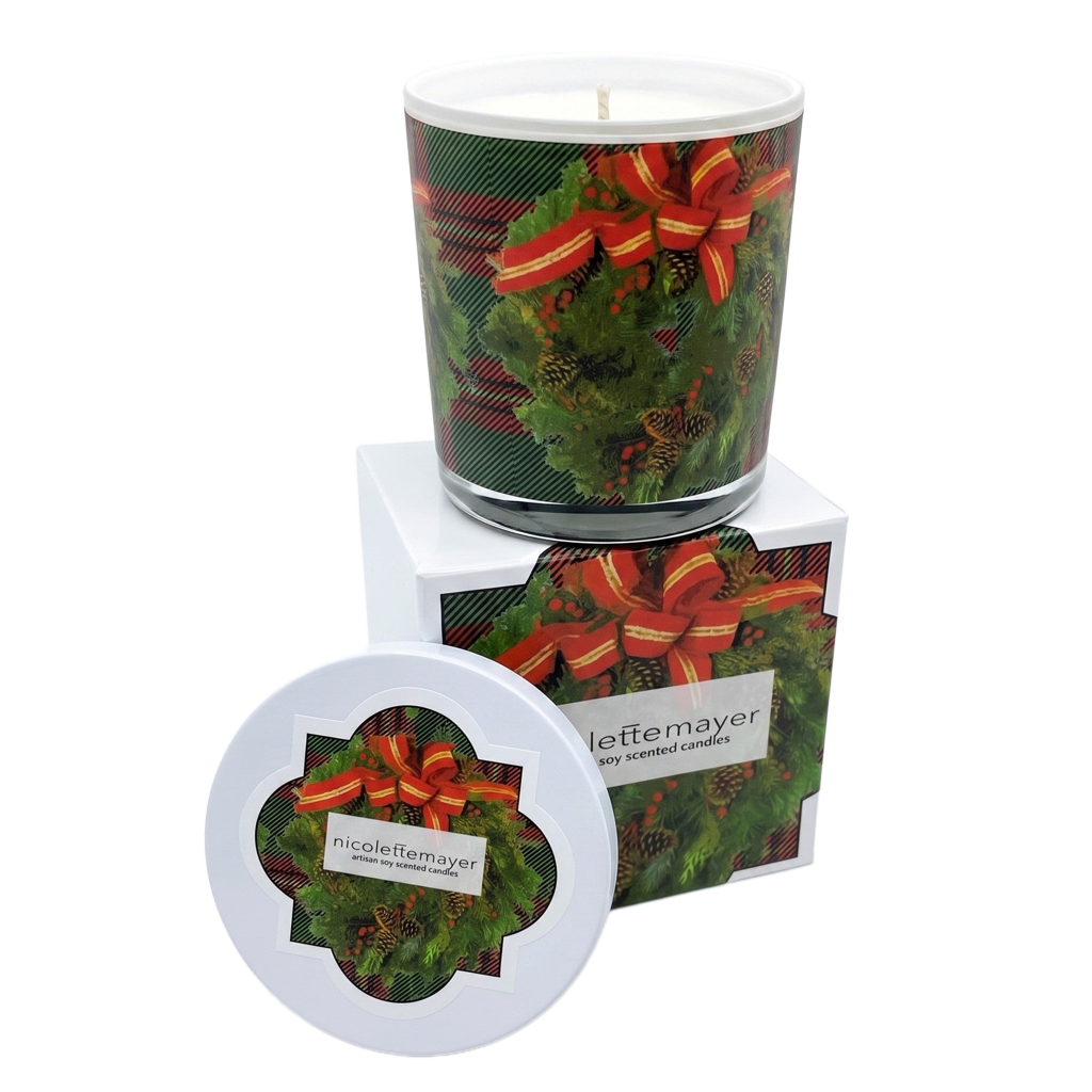 Xmas Wreath Tartan Green Candle - nicolettemayer.com