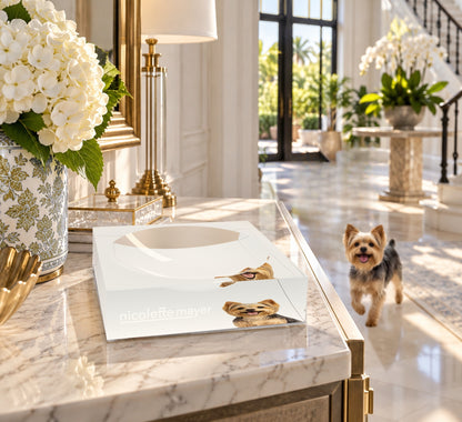 Yorkie Dog Acrylic Candy Catchall Dish, on an entry console, by Nicolette Mayer