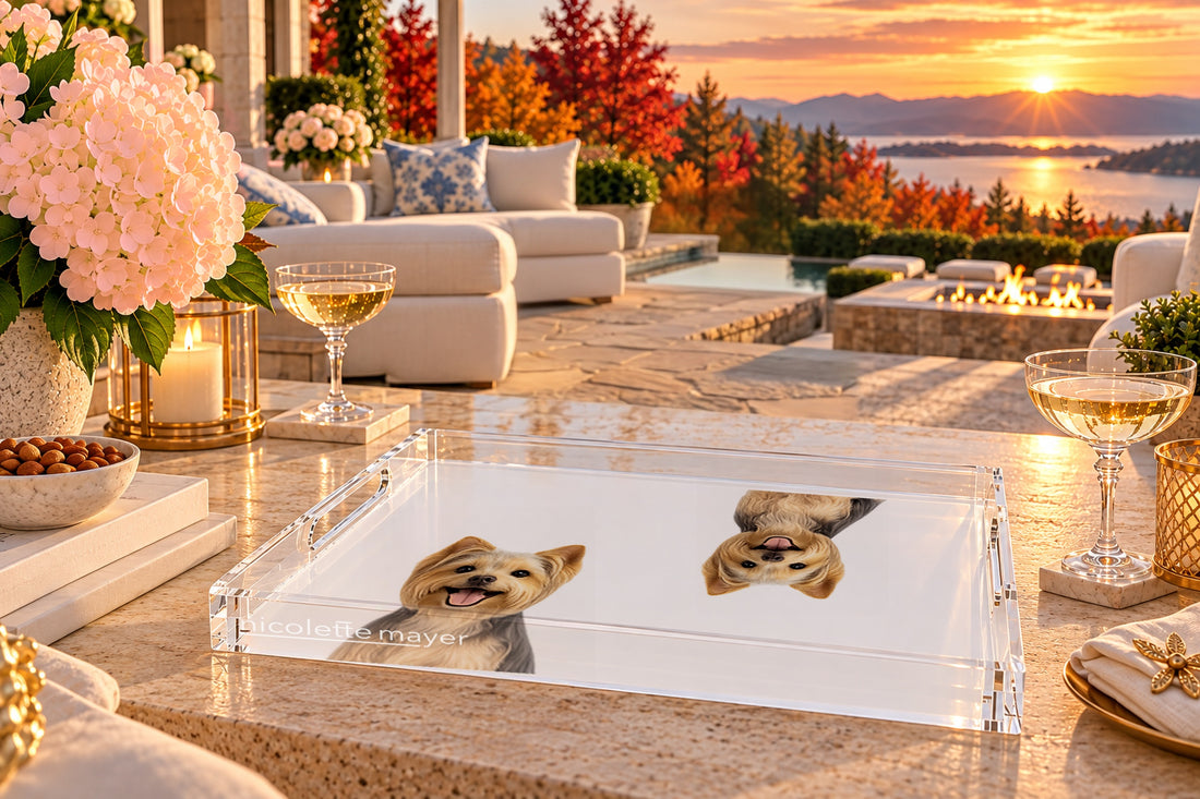 Yorkie Dog Acrylic Rectangle Tray, on a patio table, by Nicolette Mayer