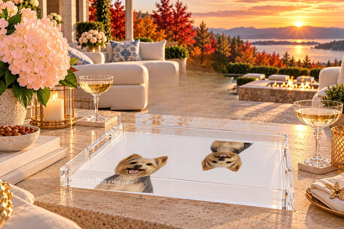 Yorkie Dog Acrylic Rectangle Tray, on a patio table, by Nicolette Mayer