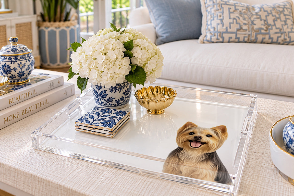 Yorkie Dog Acrylic Decorative Tray, on a coffee table, by Nicolette Mayer