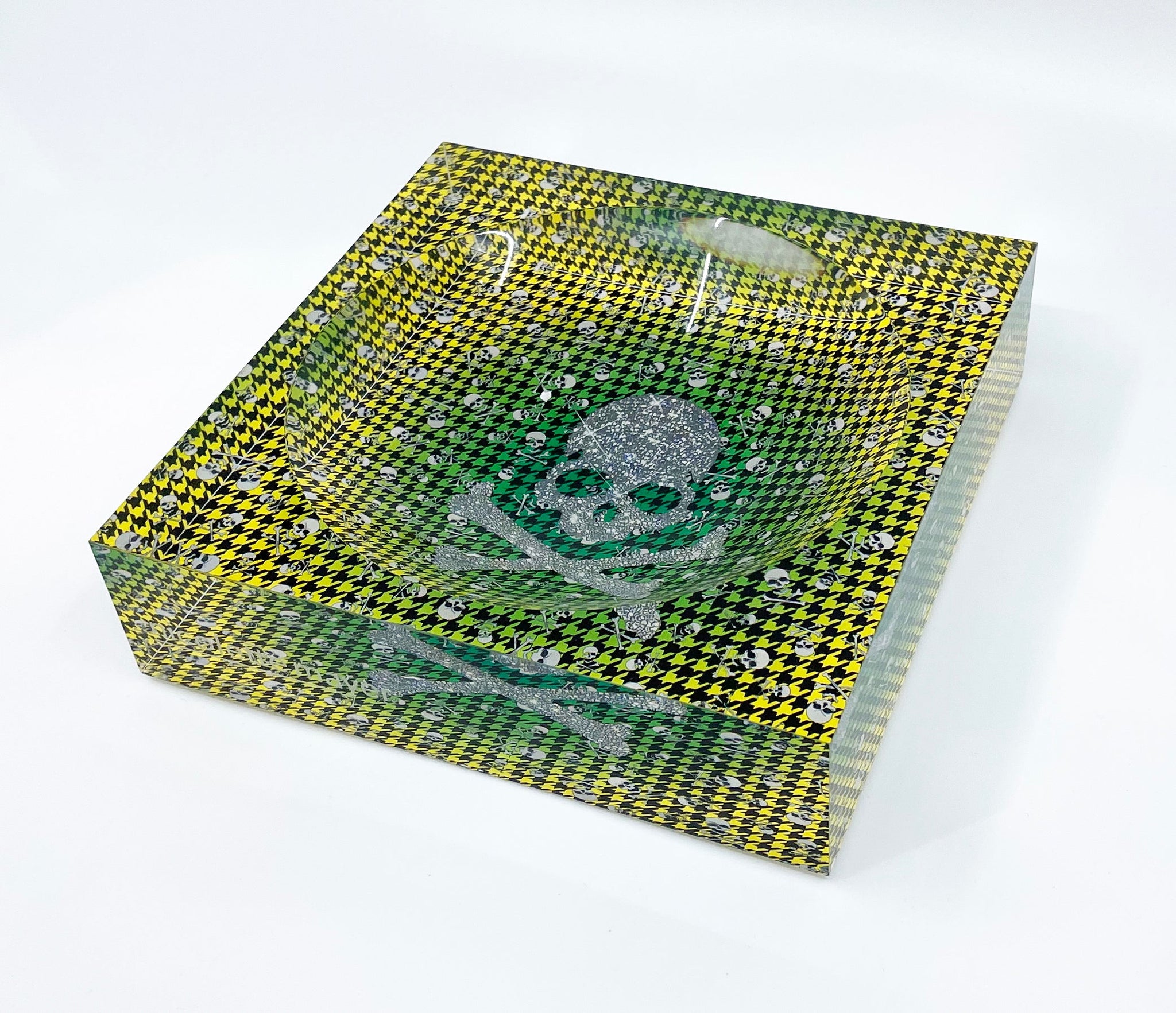 CrossBones Houndstooth Green Yellow Acrylic Candy Dish 6x6