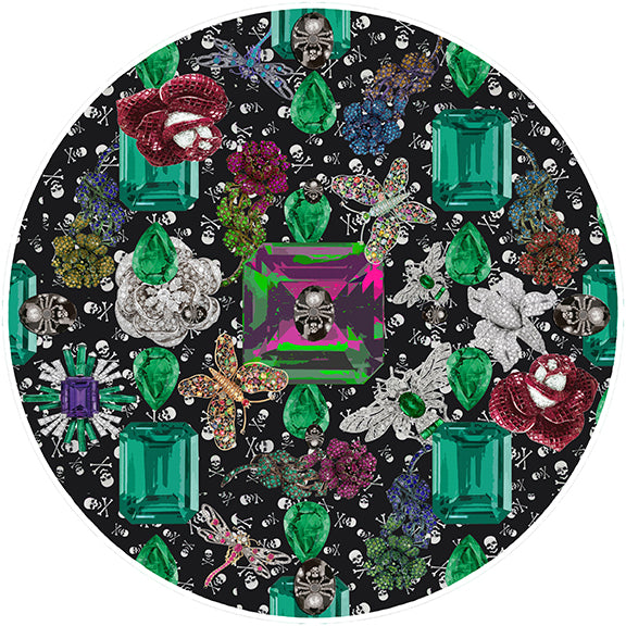 Jewel Box Emeralds Skulls Black 16" Round Pebble Placemat Set of 4